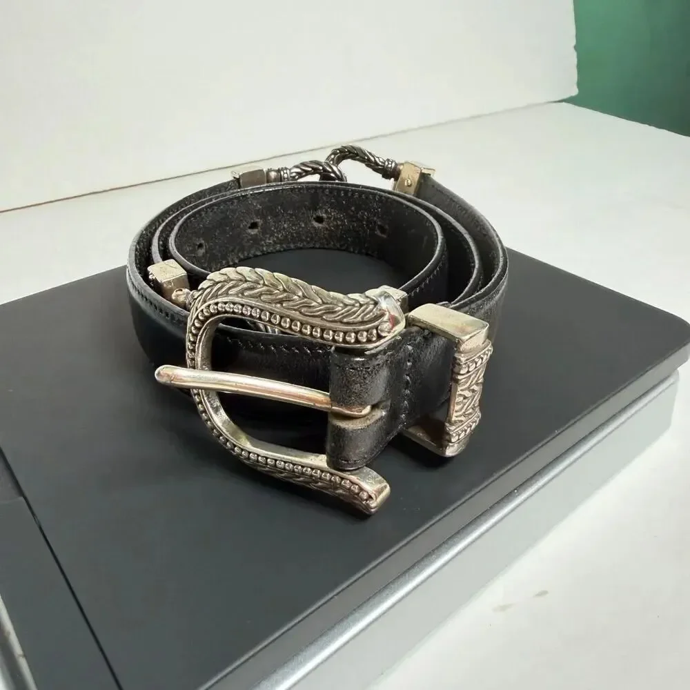 Vintage Talbots Black Leather Belt Silver Tone Knot Buckle Large 1996 Western